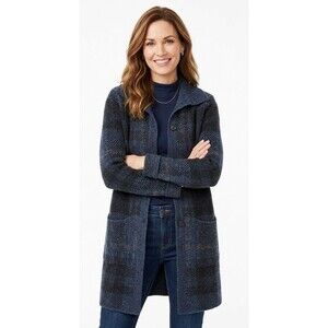 J. Jill Medium Tall sz MT Boiled Wool Blend Plaid Cardigan Coat Blue Jacket EUC